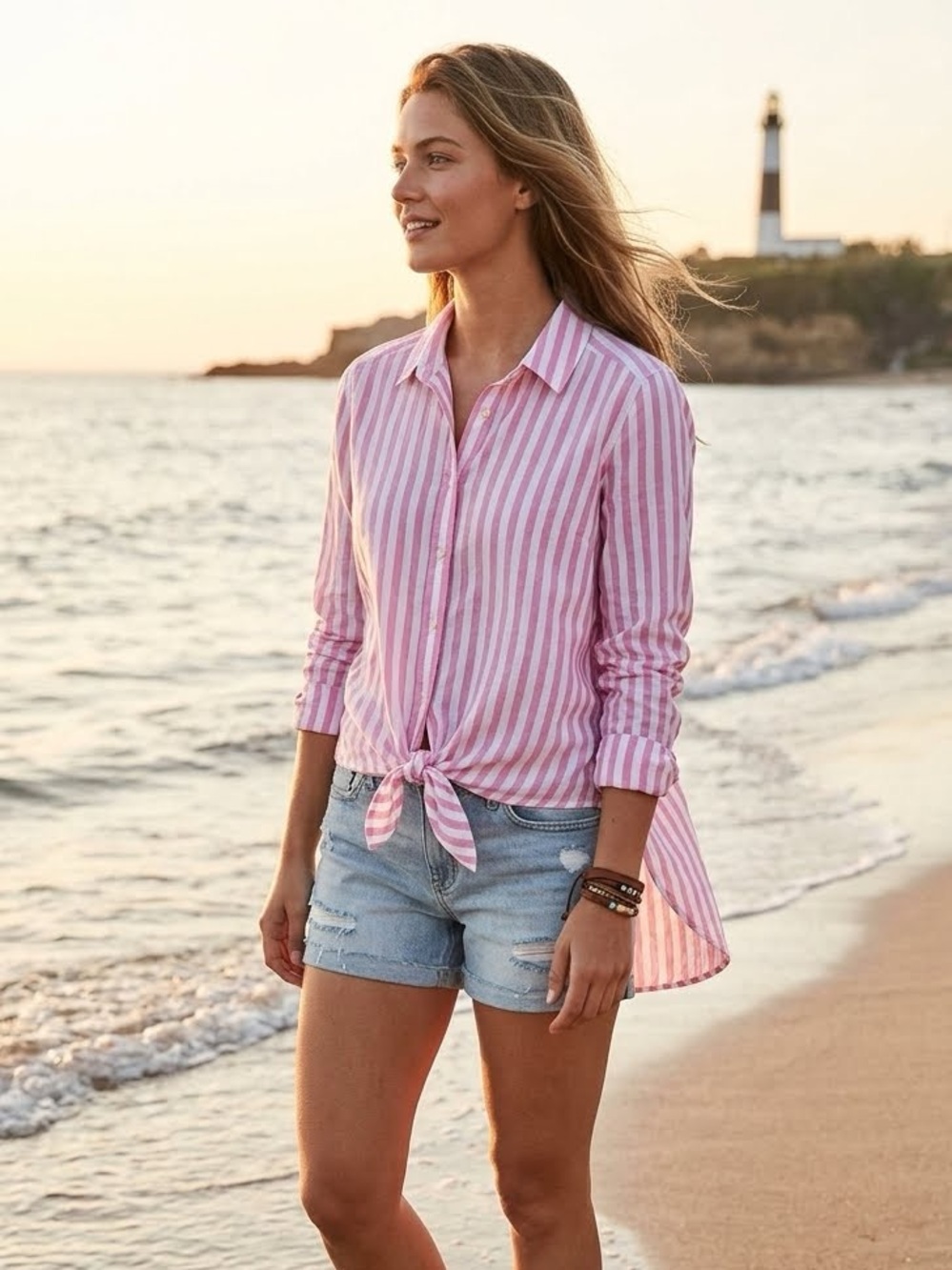 LOFT Pink and White Striped Tie-Front Button-Down Shirt Size M NWT